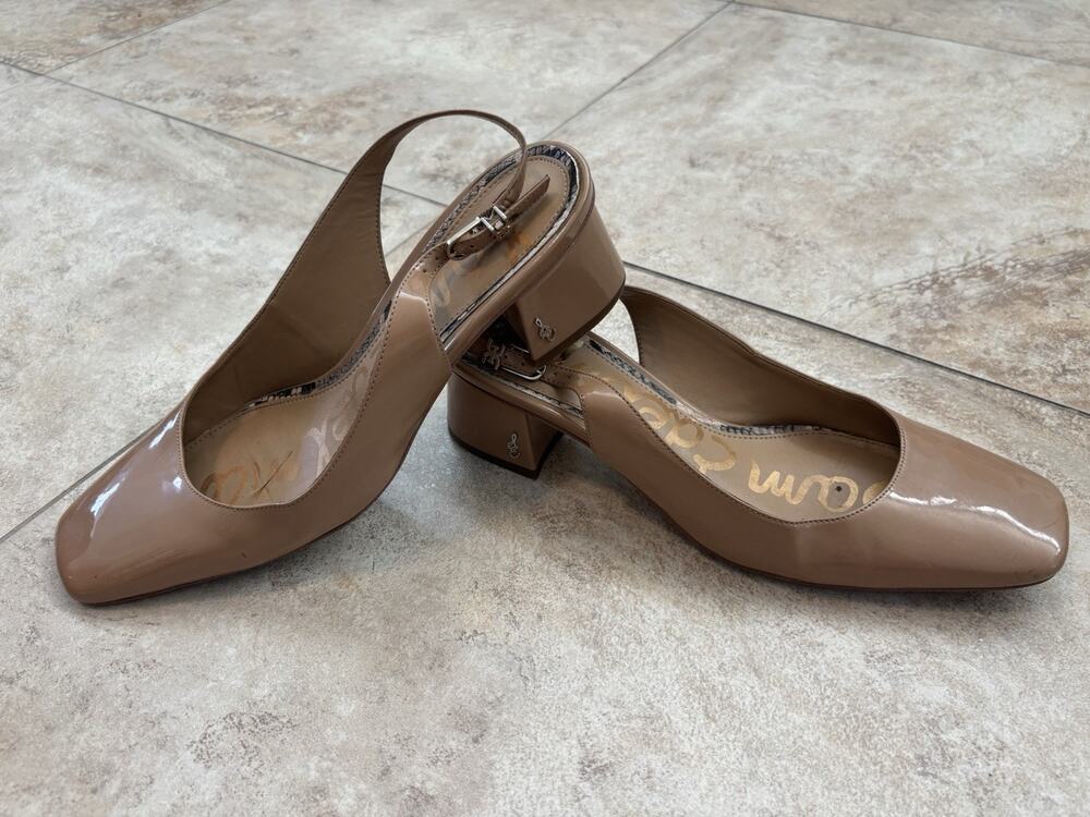 Sam Edelman Terra Slingback Pumps Sz 9 Nude Patent Block Heel Square Toe Office